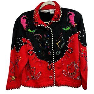 Vtg Michael Simon Cardigan Sweater Sz 2 Cowgirl Chic Red Embellished Ugly Xmas
